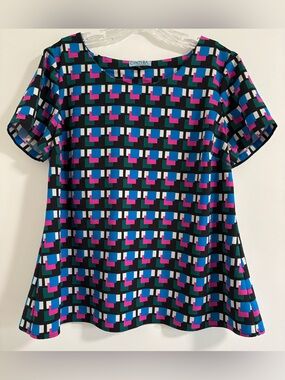 Cynthia Rowley Black Geometric Colorblock Short Sleeve Top with Blue Magenta L